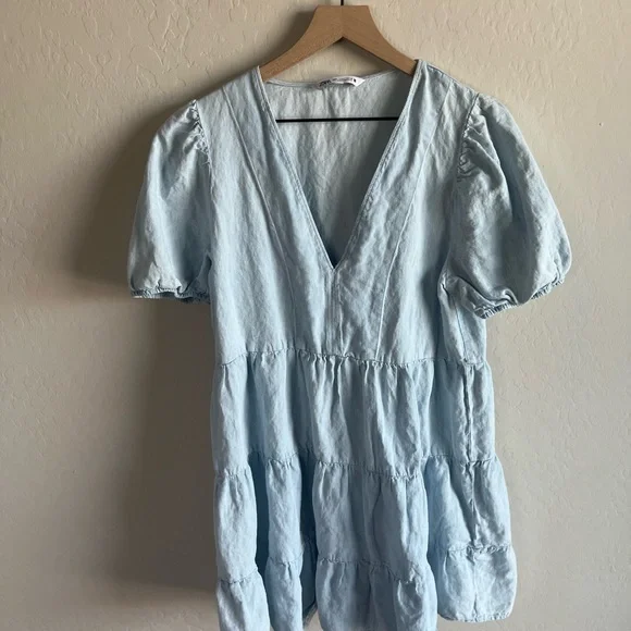 Zara Blue Linen Blend Womens Puff Sleeve Mini Sundress - Picture 2 of 6
